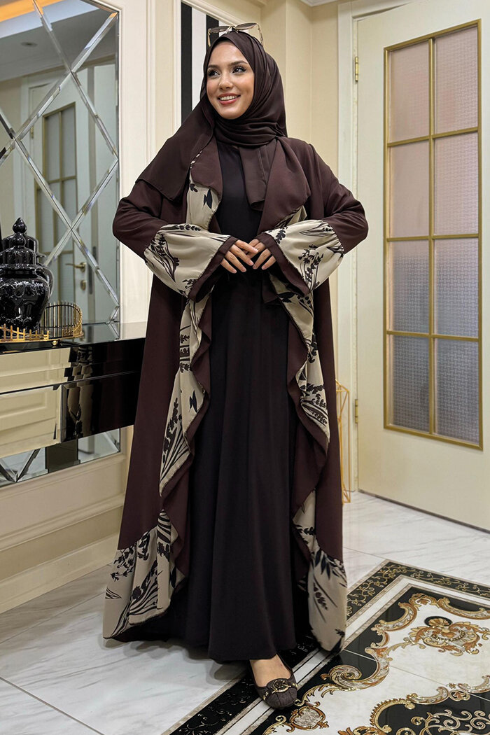 Çiçek Desenli Fırfırlı Abaya 7908 Kahverengi - 7