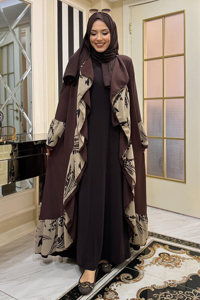 Çiçek Desenli Fırfırlı Abaya 7908 Kahverengi - 8