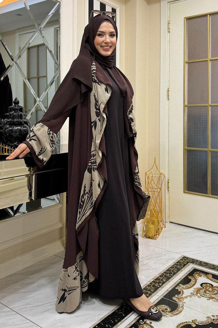 Çiçek Desenli Fırfırlı Abaya 7908 Kahverengi - 9
