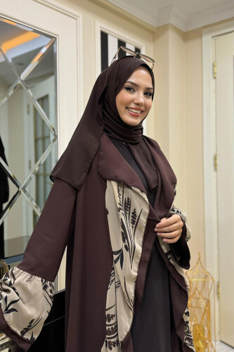 Çiçek Desenli Fırfırlı Abaya 7908 Kahverengi - 10