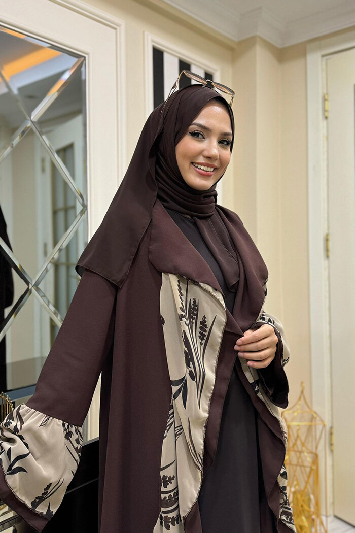 Çiçek Desenli Fırfırlı Abaya 7908 Kahverengi - 10