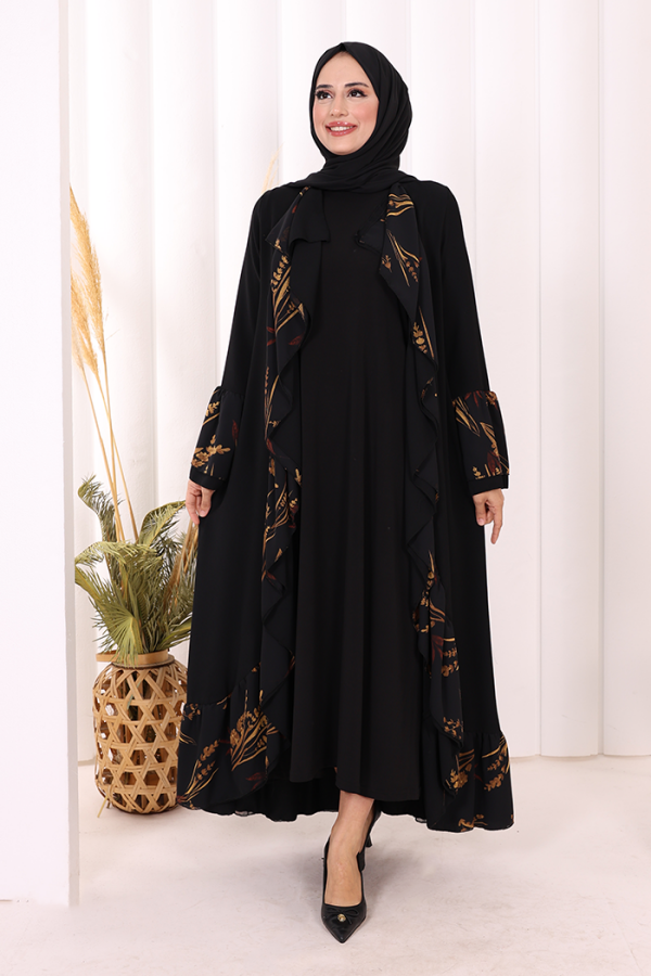Çiçek Desenli Fırfırlı Abaya 7908 Siyah - 1