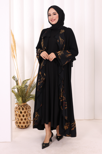 Çiçek Desenli Fırfırlı Abaya 7908 Siyah - 2