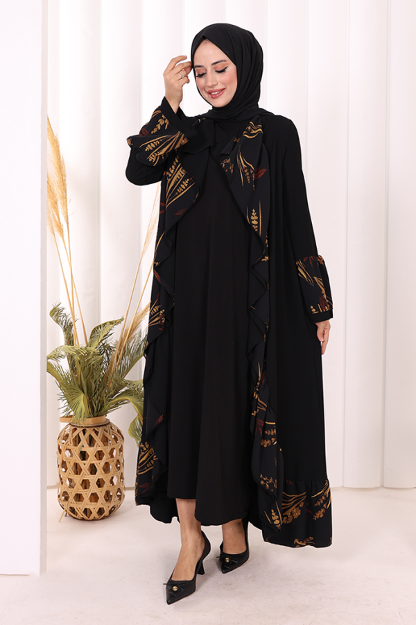 Çiçek Desenli Fırfırlı Abaya 7908 Siyah - 3
