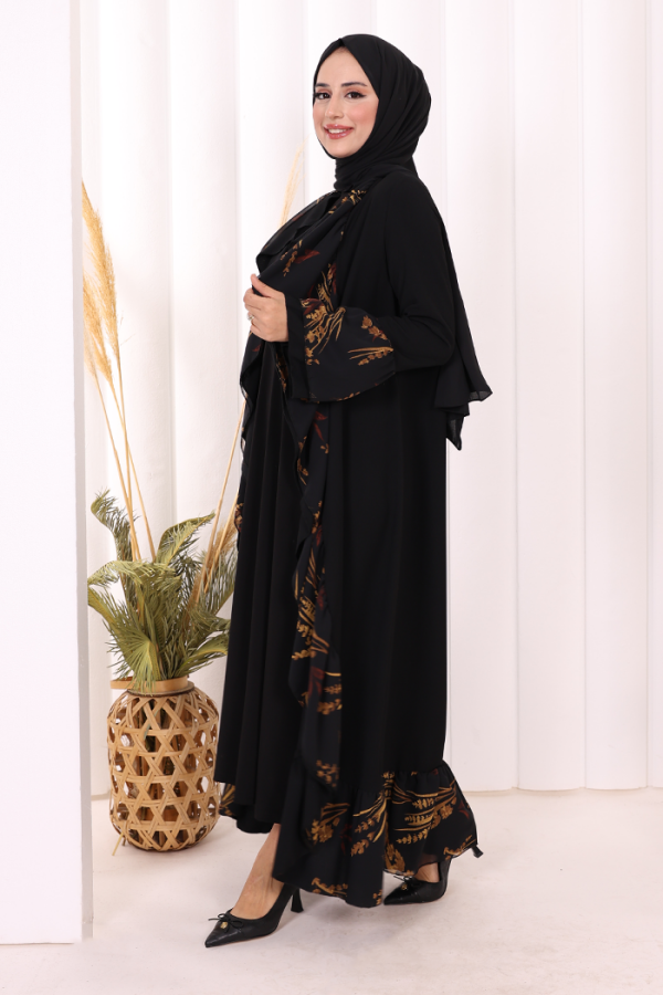 Çiçek Desenli Fırfırlı Abaya 7908 Siyah - 4