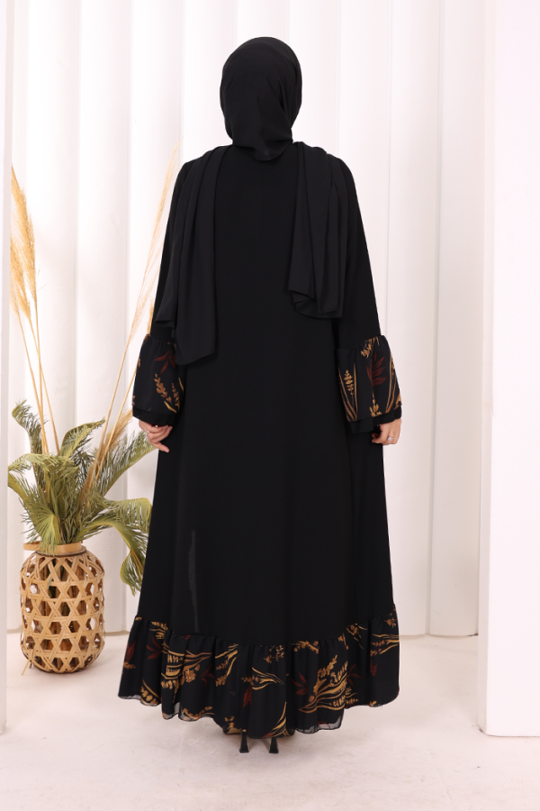 Çiçek Desenli Fırfırlı Abaya 7908 Siyah - 5