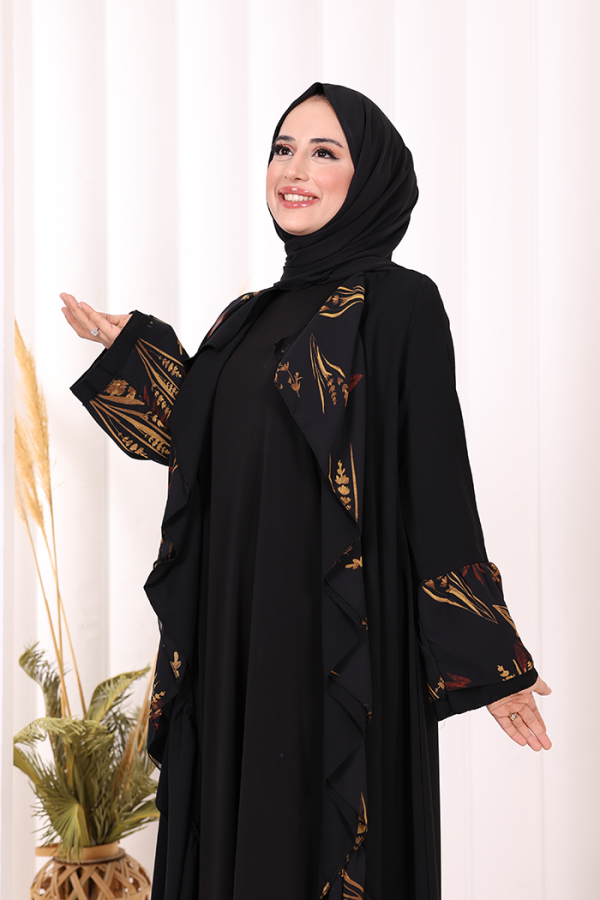 Çiçek Desenli Fırfırlı Abaya 7908 Siyah - 6