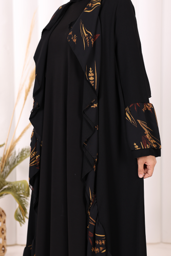 Çiçek Desenli Fırfırlı Abaya 7908 Siyah - 7
