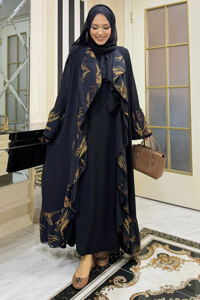 Çiçek Desenli Fırfırlı Abaya 7908 Siyah - 9