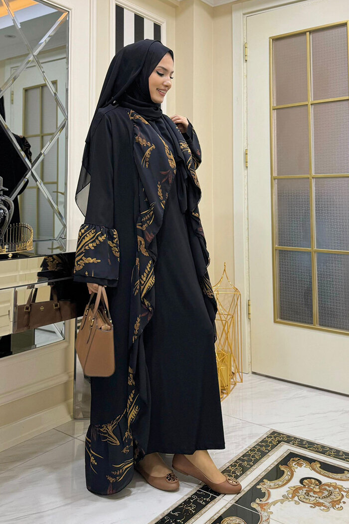 Çiçek Desenli Fırfırlı Abaya 7908 Siyah - 10