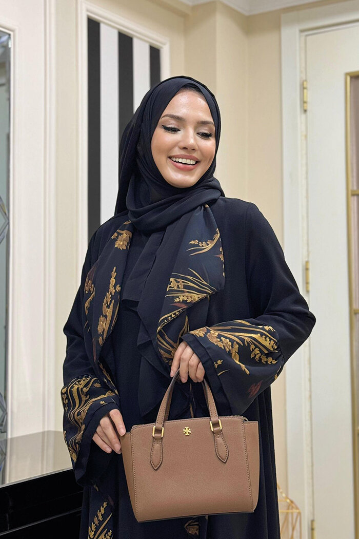 Çiçek Desenli Fırfırlı Abaya 7908 Siyah - 11