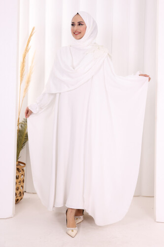 Çiçek Detaylı Elbise Abaya Takım 8009 Ekru 