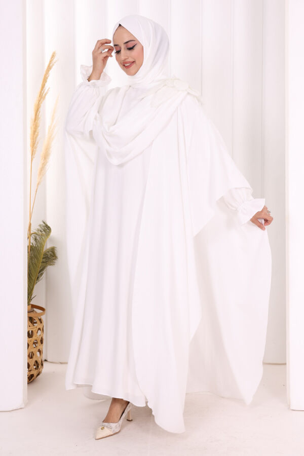 Çiçek Detaylı Elbise Abaya Takım 8009 Ekru - 2