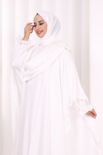 Çiçek Detaylı Elbise Abaya Takım 8009 Ekru - 5