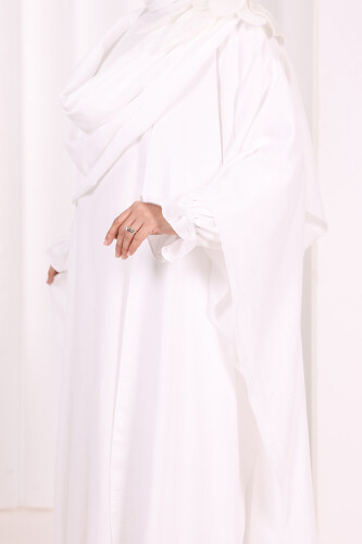 Çiçek Detaylı Elbise Abaya Takım 8009 Ekru - 6