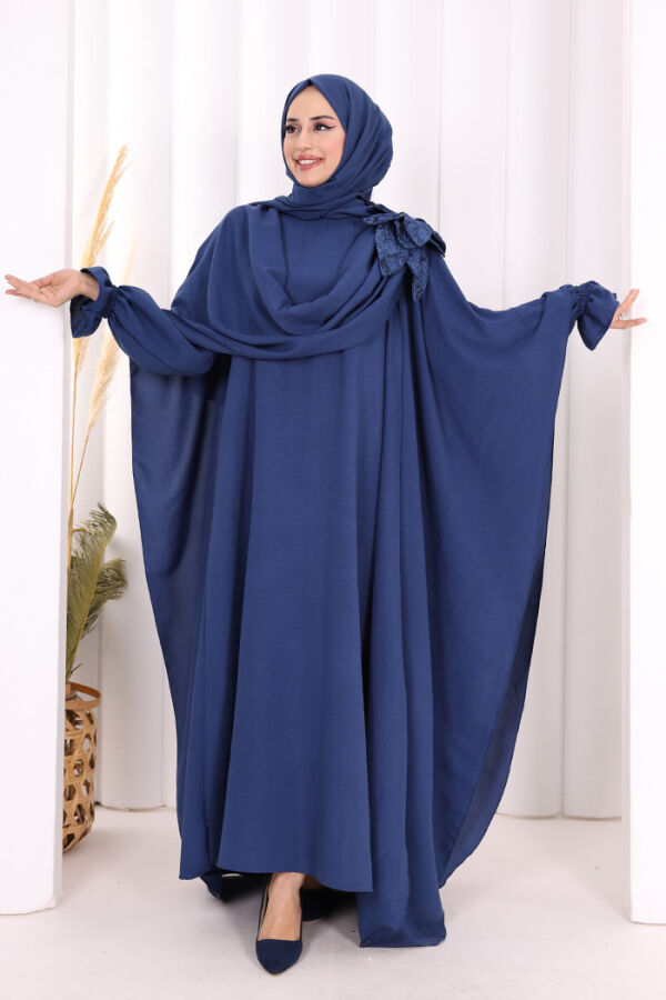 Çiçek Detaylı Elbise Abaya Takım 8009 Lacivert - 1