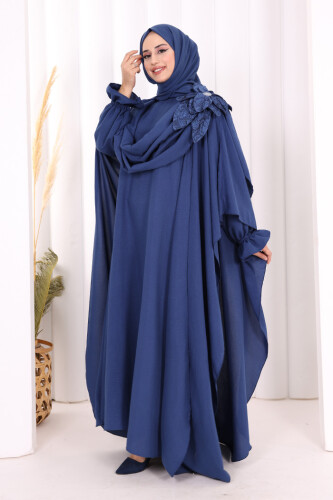 Çiçek Detaylı Elbise Abaya Takım 8009 Lacivert - 2