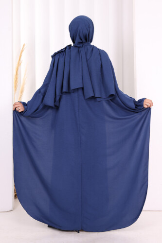 Çiçek Detaylı Elbise Abaya Takım 8009 Lacivert - 3