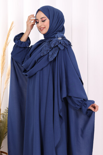 Çiçek Detaylı Elbise Abaya Takım 8009 Lacivert - 4
