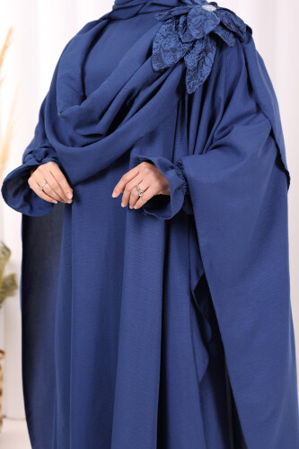 Çiçek Detaylı Elbise Abaya Takım 8009 Lacivert - 5