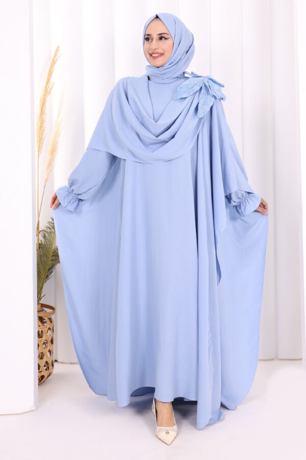 Çiçek Detaylı Elbise Abaya Takım 8009 Mavi - 1