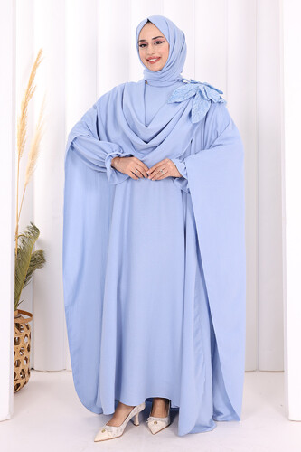Çiçek Detaylı Elbise Abaya Takım 8009 Mavi - 2