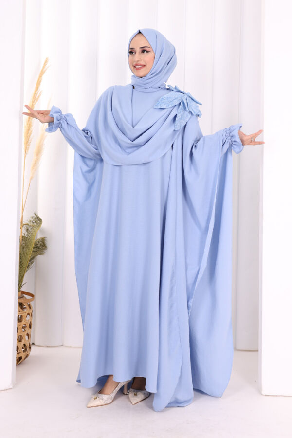 Çiçek Detaylı Elbise Abaya Takım 8009 Mavi - 3