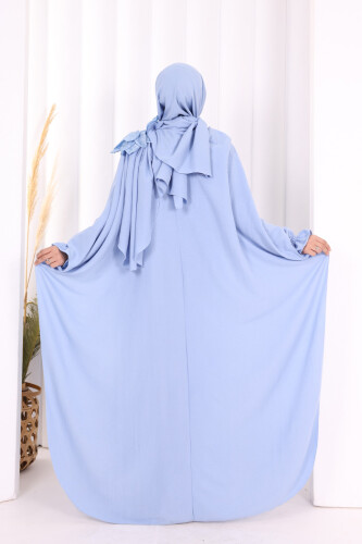 Çiçek Detaylı Elbise Abaya Takım 8009 Mavi - 5