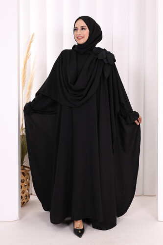 Çiçek Detaylı Elbise Abaya Takım 8009 Siyah 