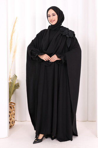 Çiçek Detaylı Elbise Abaya Takım 8009 Siyah - 2
