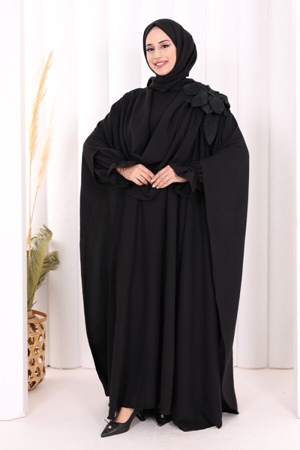 Çiçek Detaylı Elbise Abaya Takım 8009 Siyah - 2