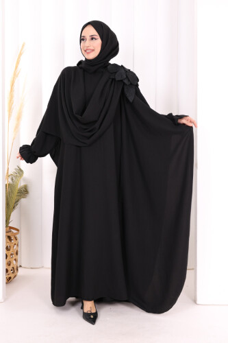 Çiçek Detaylı Elbise Abaya Takım 8009 Siyah - 3