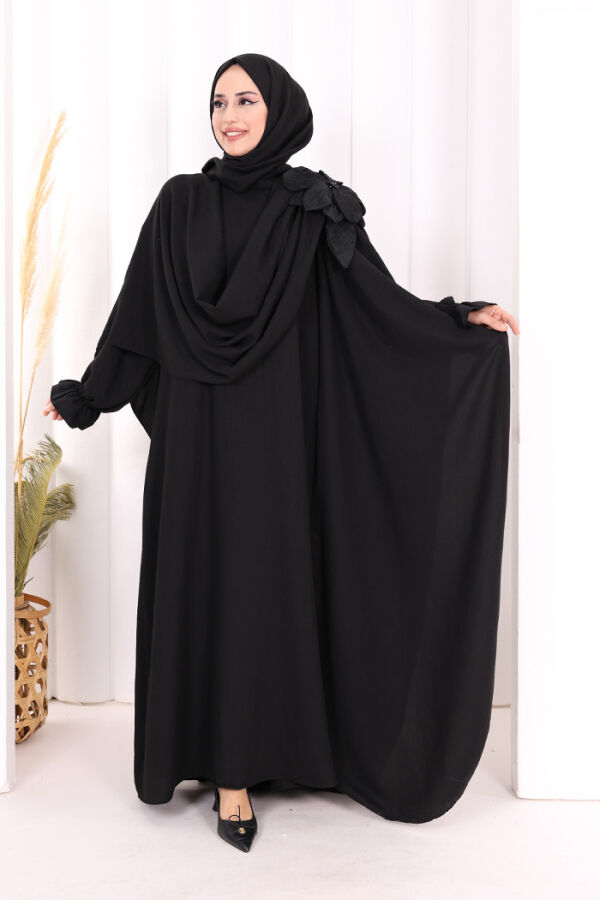 Çiçek Detaylı Elbise Abaya Takım 8009 Siyah - 3