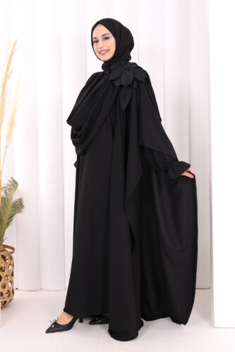 Çiçek Detaylı Elbise Abaya Takım 8009 Siyah - 4
