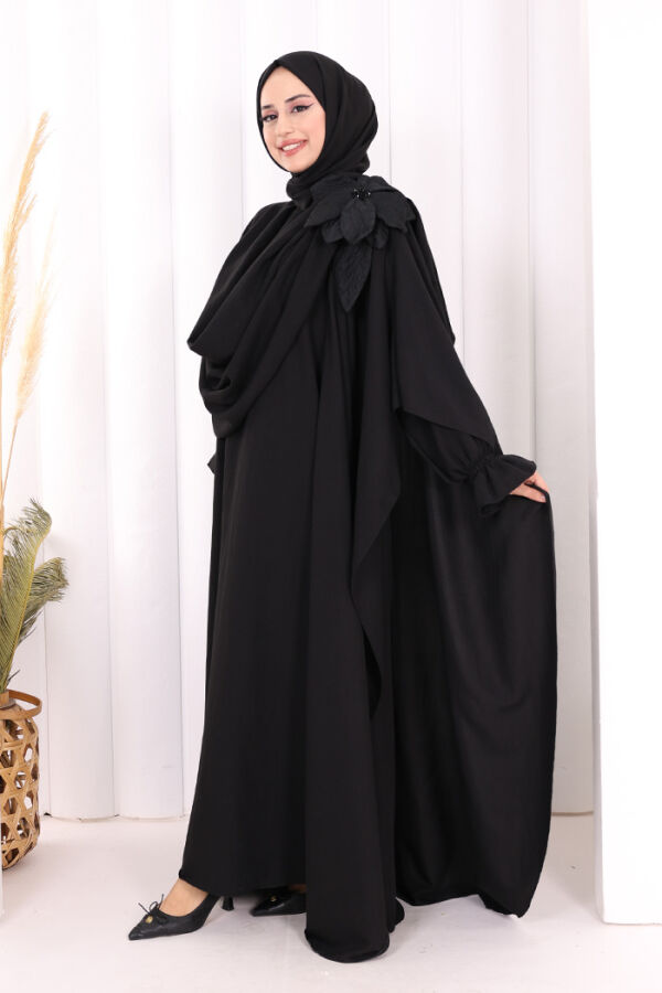 Çiçek Detaylı Elbise Abaya Takım 8009 Siyah - 4