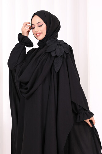 Çiçek Detaylı Elbise Abaya Takım 8009 Siyah - 6