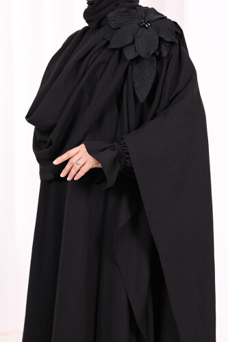 Çiçek Detaylı Elbise Abaya Takım 8009 Siyah - 7