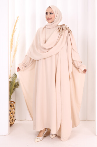 Çiçek Detaylı Elbise Abaya Takım 8009 Taş 