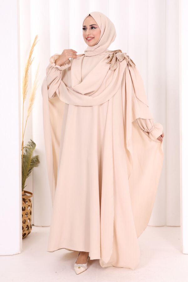 Çiçek Detaylı Elbise Abaya Takım 8009 Taş - 2
