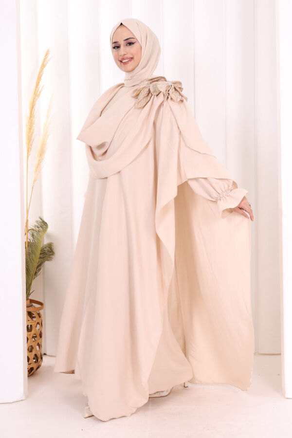 Çiçek Detaylı Elbise Abaya Takım 8009 Taş - 3