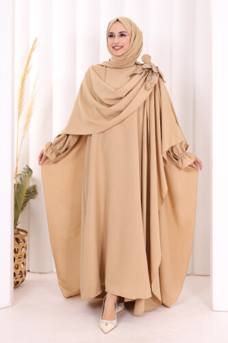 Çiçek Detaylı Elbise Abaya Takım 8009 Vizon 