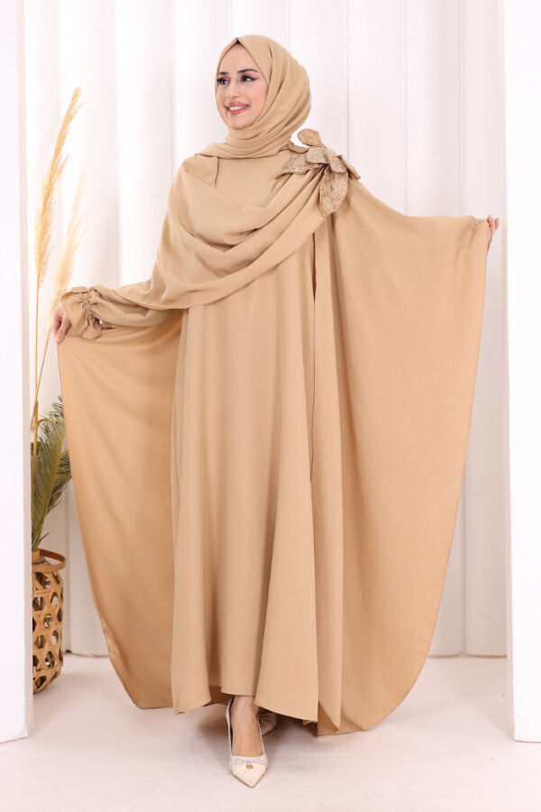 Çiçek Detaylı Elbise Abaya Takım 8009 Vizon - 2