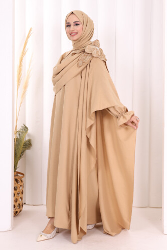 Çiçek Detaylı Elbise Abaya Takım 8009 Vizon - 3