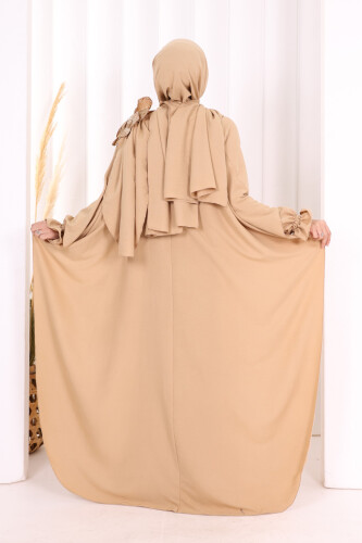 Çiçek Detaylı Elbise Abaya Takım 8009 Vizon - 4