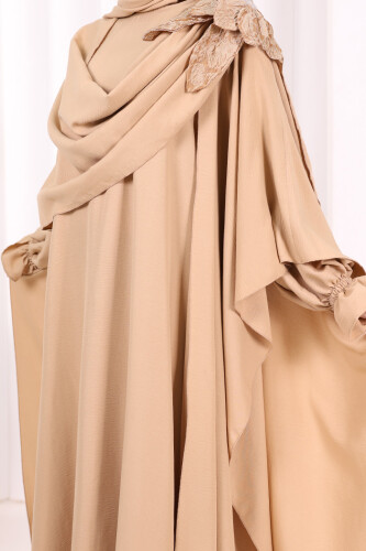Çiçek Detaylı Elbise Abaya Takım 8009 Vizon - 6