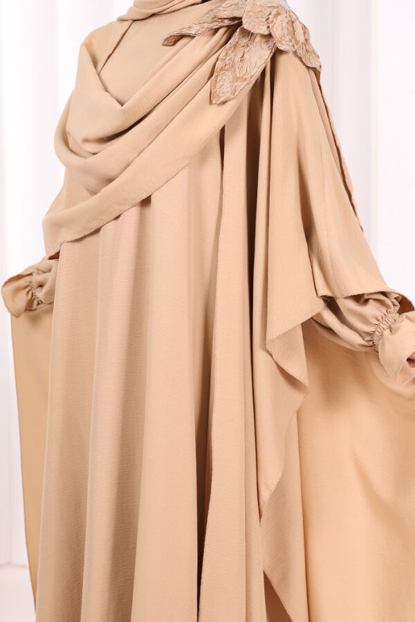 Çiçek Detaylı Elbise Abaya Takım 8009 Vizon - 6