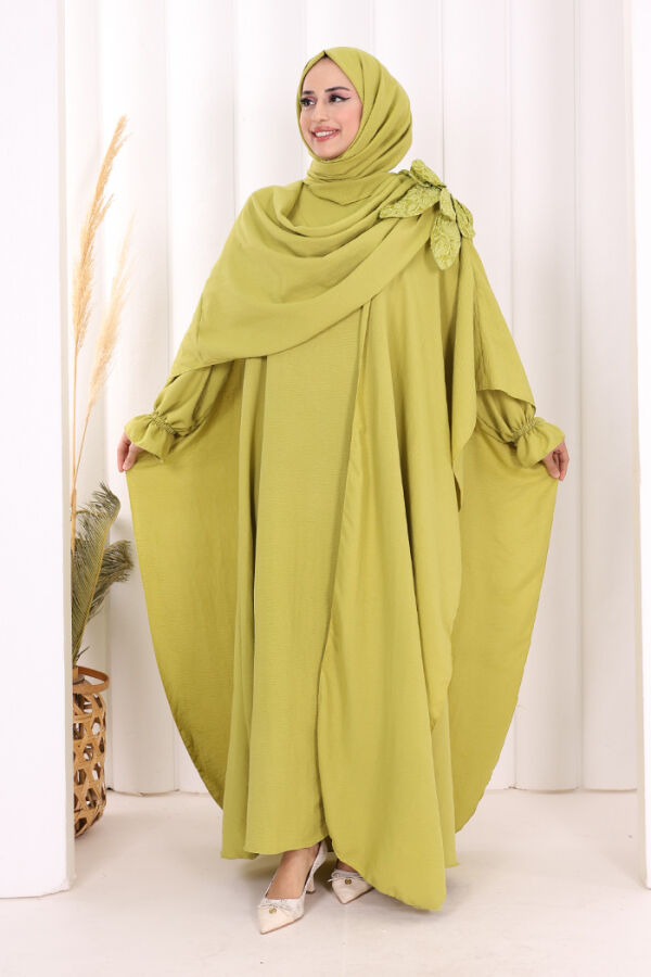 Çiçek Detaylı Elbise Abaya Takım 8009 Yağ Yeşili - 1