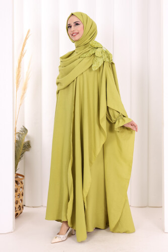 Çiçek Detaylı Elbise Abaya Takım 8009 Yağ Yeşili - 2
