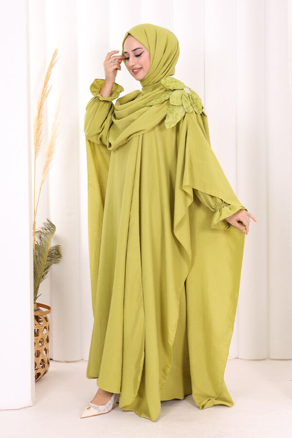 Çiçek Detaylı Elbise Abaya Takım 8009 Yağ Yeşili - 3