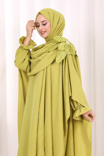 Çiçek Detaylı Elbise Abaya Takım 8009 Yağ Yeşili - 5